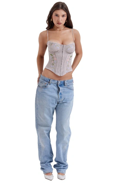 House Of Cb Petunia Embroidered Faux Suede Corset Top In Lavender