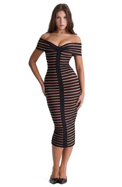 House Of Cb Panel Off The Shoulder Midi Dress In Black Brown