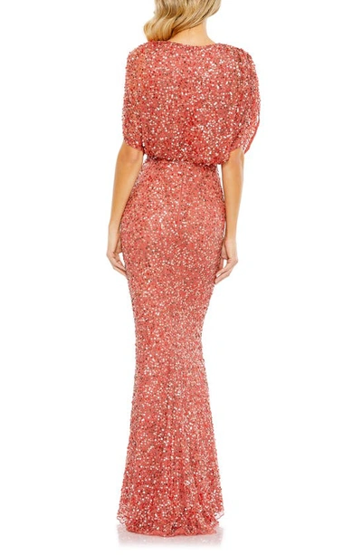 Shop Mac Duggal Sequin Draped Sleeve V-neck Gown In Paprika