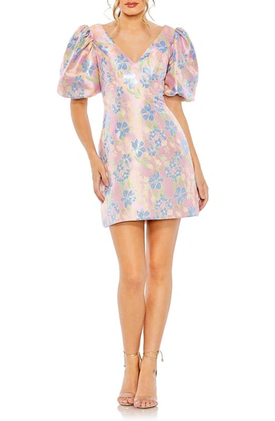 Shop Mac Duggal Floral Jacquard Puff Sleeve Minidress In Pink Multi