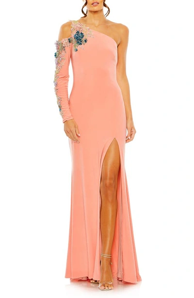 Shop Mac Duggal Floral Long Sleeve One-shoulder Gown In Peach Multi