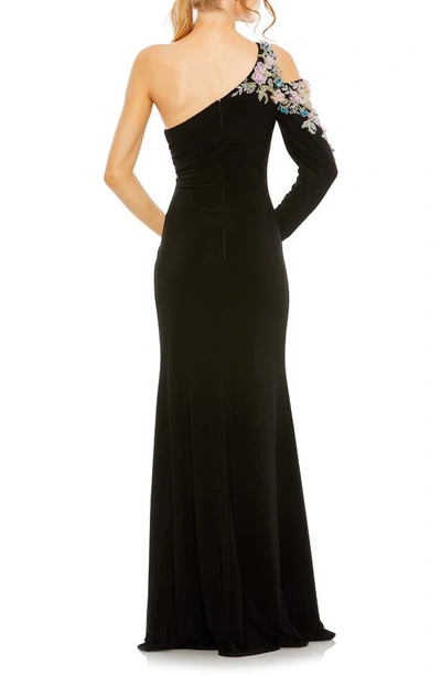 Shop Mac Duggal Floral Long Sleeve One-shoulder Gown In Black Multi