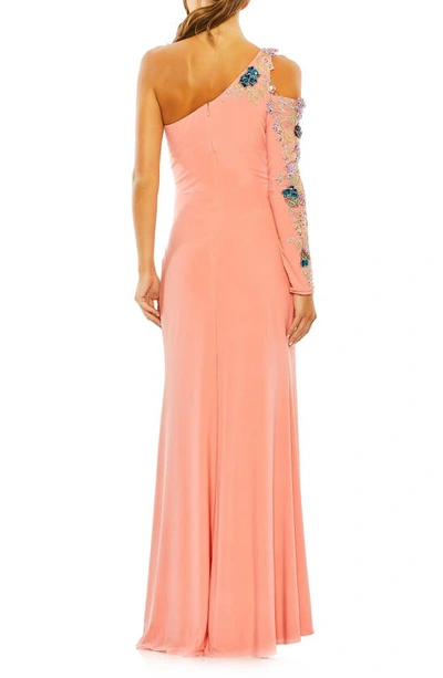 Shop Mac Duggal Floral Long Sleeve One-shoulder Gown In Peach Multi