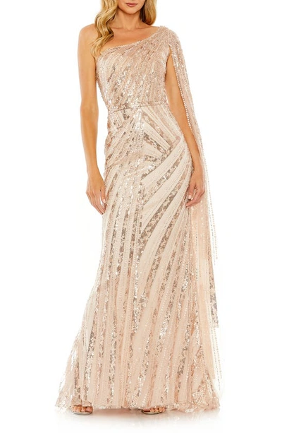 Shop Mac Duggal Sequin Cape Sleeve One-shoulder Gown In Rose Gold