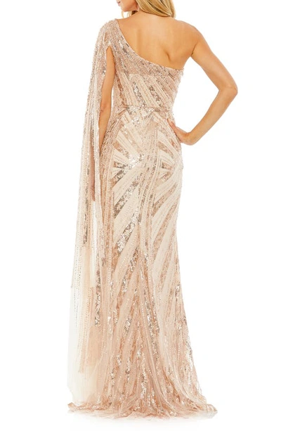 Shop Mac Duggal Sequin Cape Sleeve One-shoulder Gown In Rose Gold