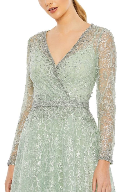 Shop Mac Duggal Beaded Embroidered Long Sleeve A-line Cocktail Dress In Sage