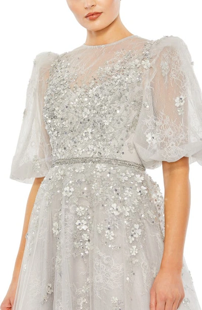 Shop Mac Duggal Embellished Puff Sleeve A-line Gown In Platinum