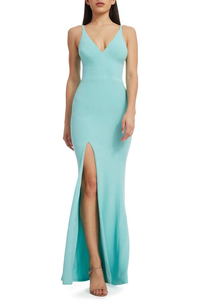 Shop Dress The Population Iris Slit Crepe Gown In Tranquil Blue