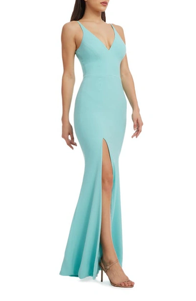 Dress The Population Iris Slit Crepe Gown In Tranquil Blue