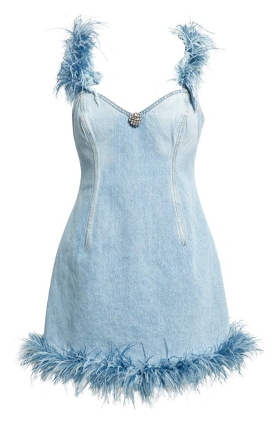 Shop Area Feather Trim Denim Minidress In Light Blue