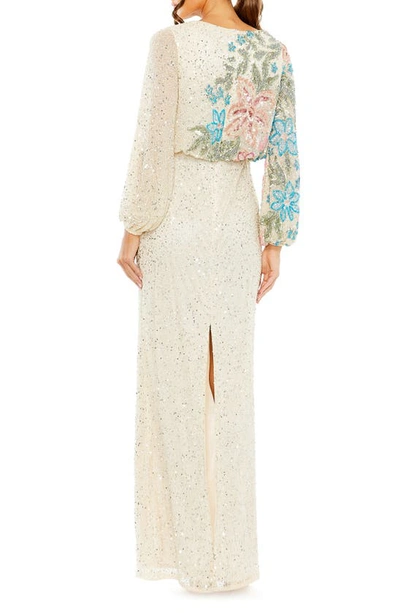 Shop Mac Duggal Embellished Sequin Long Sleeve Blouson Gown In Nude Multi