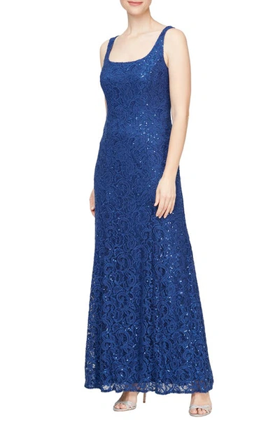 Shop Alex Evenings Two-piece Sequin Lace Gown & Jacket In Royal