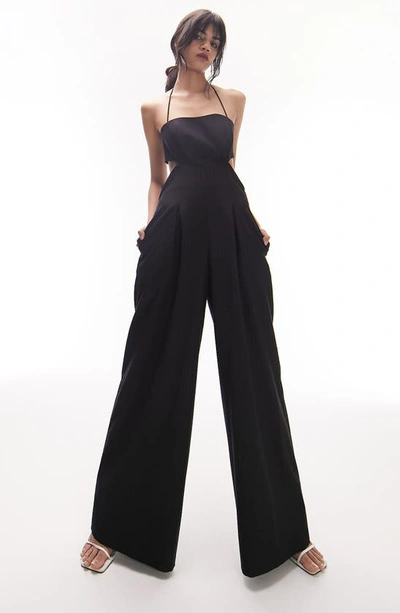 Shop Topshop Pinstripe Cutout Jumpsuit In Black