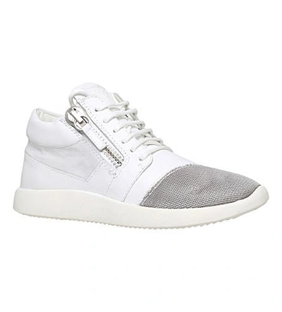Shop Giuseppe Zanotti Double-zip Leather And Mesh Trainers In White/oth
