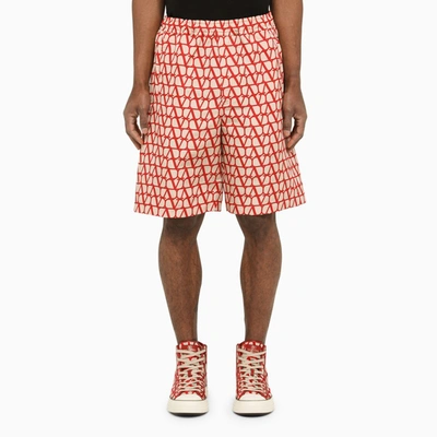 Shop Valentino | Beige/red Silk Faille Bermuda Shorts