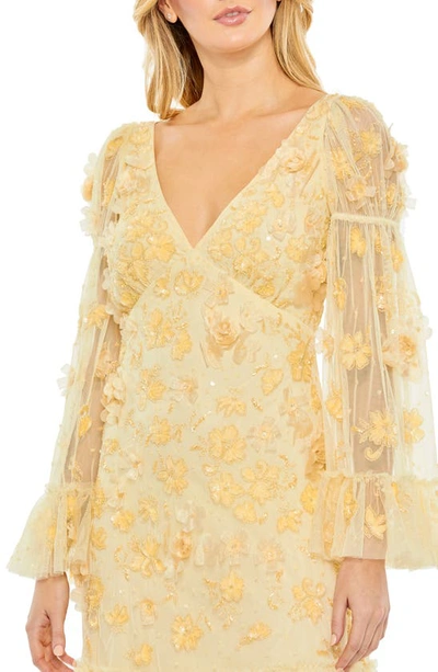 Shop Mac Duggal Floral Embellished Long Sleeve Minidress In Butter