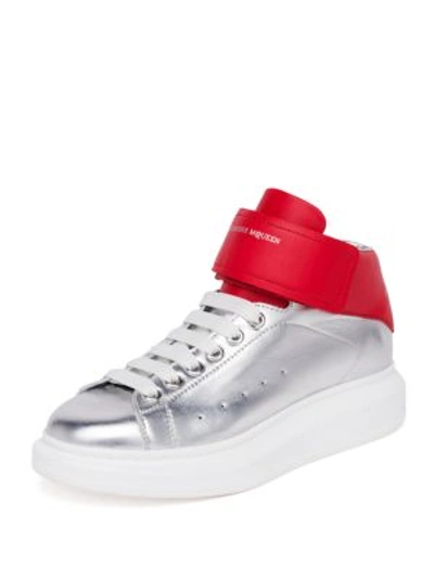 Alexander Mcqueen Ankle Strap Calfskin Leather Mid-top Sneakers In Silver Coccinelle
