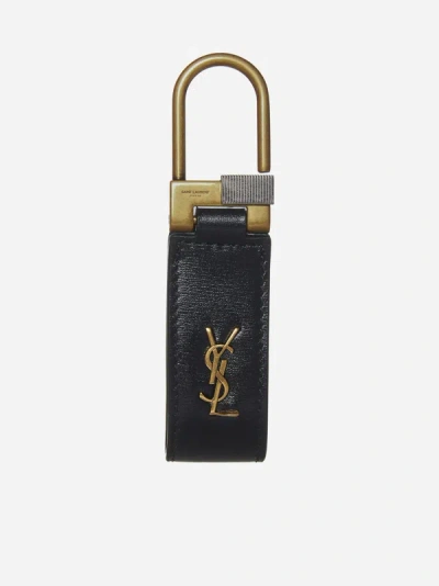 Shop Saint Laurent Ysl Logo Leather Keychain In Black