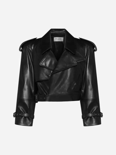 Shop Saint Laurent Leather Cropped Jacket In Black