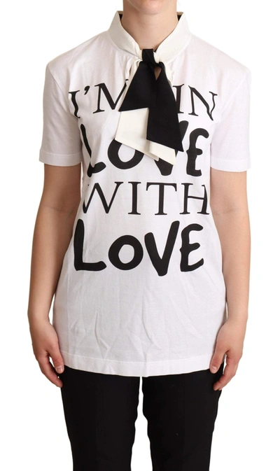 Shop Dolce & Gabbana White Cotton Silk Blend Ascot Collar T-shirt