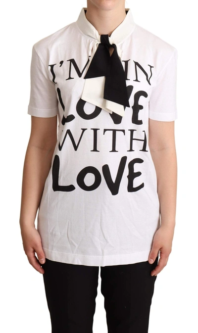 Dolce & Gabbana White Cotton Silk Blend Ascot Collar T-shirt In White