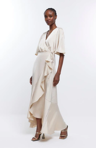 River Island Waterfall Flutter Sleeve Wrap Dress In Cream | ModeSens