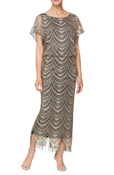 Shop Sl Fashions Metallic Crochet Lace Blouson Dress In Black Gold