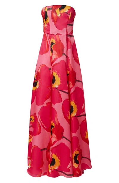 Shop Carolina Herrera Poppy Print Strapless Silk Gown In Pink Multi