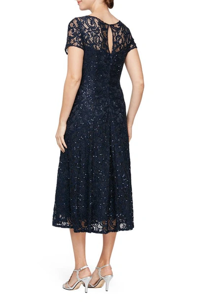 Sl Fashions Cap Sleeve Metallic Lace Dress In Navy