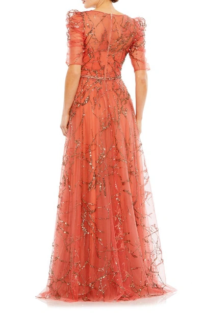 Shop Mac Duggal Sequin Puff Sleeve Tulle A-line Gown In Cinnamon