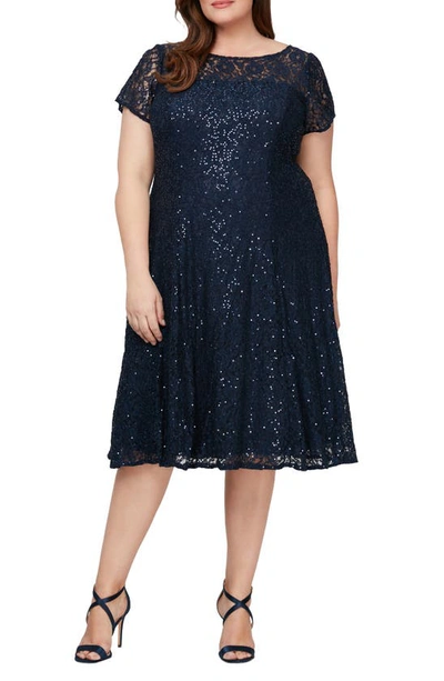 Shop Slny Embellished Short Sleeve Midi Dress In Navy