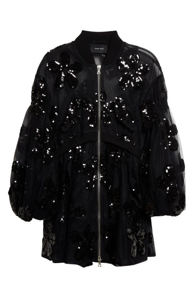 Shop Simone Rocha Sequin Daisy Puff Sleeve Sheer Tulle Bomber Jacket In Black/ Black