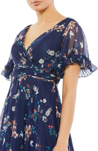 Shop Mac Duggal Floral Flounce Sleeve A-line Gown In Navy Multi