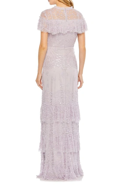 Mac Duggal Sequined Ruffled Cap Sleeve Cut Out Tiered Gown In Purple