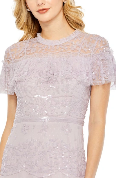 Mac Duggal Sequined Ruffled Cap Sleeve Cut Out Tiered Gown In Purple