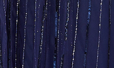Shop Mac Duggal Beaded Stripe Mesh A-line Gown In Navy