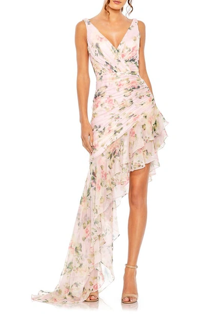 Shop Mac Duggal Ruched Trailing Hem Dress In Pink Multi