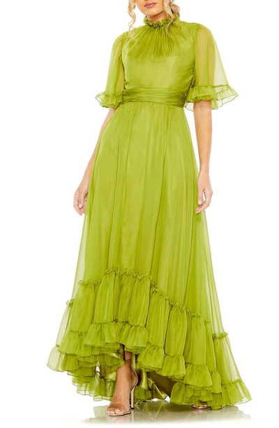 Shop Mac Duggal Ruffle High Neck Flutter Sleeve A-line Gown In Apple Green
