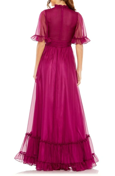 Mac Duggal Ruffle High Neck Flutter Sleeve A-line Gown In Raspberry