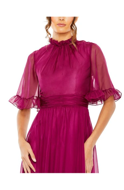 Mac Duggal Ruffle High Neck Flutter Sleeve A-line Gown In Raspberry