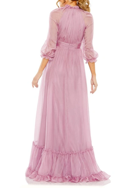 Shop Mac Duggal Sheer Sleeve Gathered Chiffon A-line Gown In Vintage Lilac