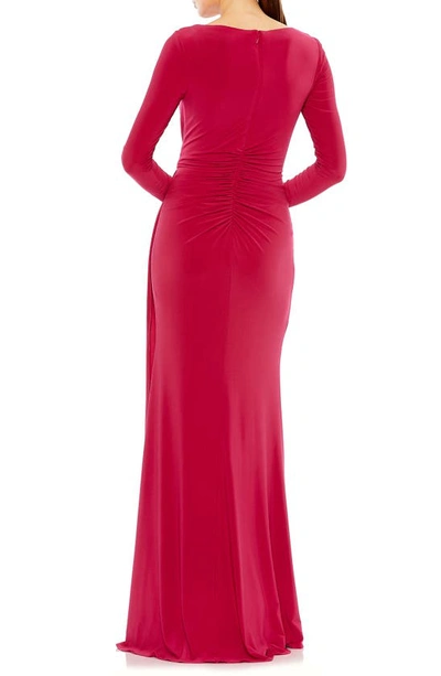 Shop Mac Duggal Long Sleeve Jersey Evening Gown In Berry