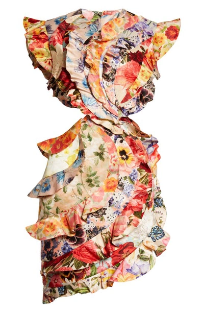 Shop Zimmermann Wonderland Frill Cutout Linen & Silk Minidress In Spliced Multi Floral