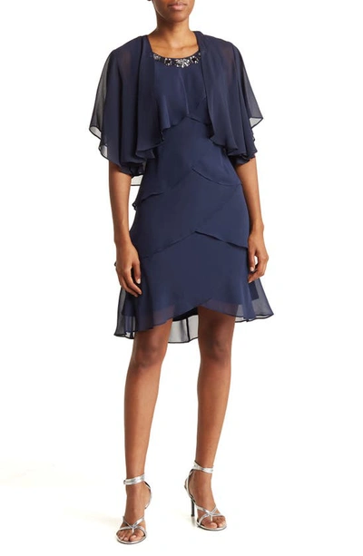 Sl Fashions Chiffon Tier Jacket & Dress Set In Nav