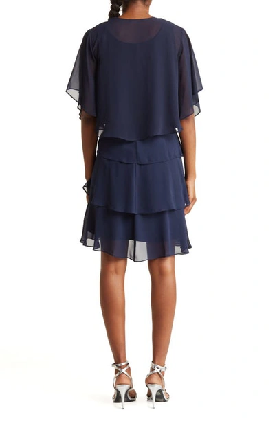 Sl Fashions Chiffon Tier Jacket & Dress Set In Nav