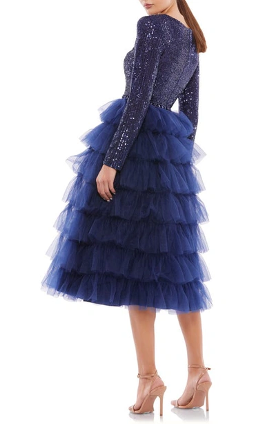 Shop Mac Duggal Sequin Tiered Long Sleeve Tulle Cocktail Dress In Midnight