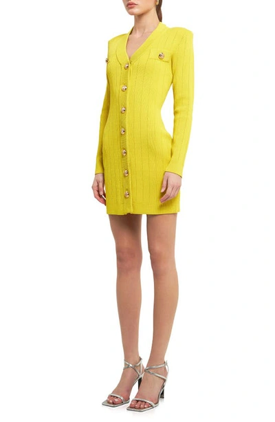 Endless Rose Padded Shoulder Long Sleeve Button-up Sweater Minidress In Yellow
