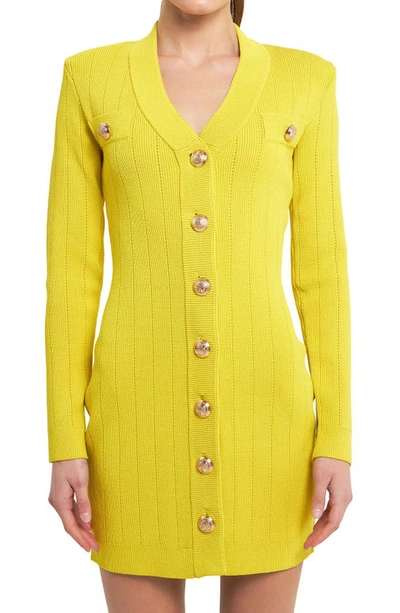 Endless Rose Padded Shoulder Long Sleeve Button-up Sweater Minidress In Yellow