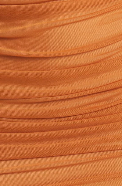 Shop Bebe Drapey Long Sleeve Mesh Body-con Dress In Copper