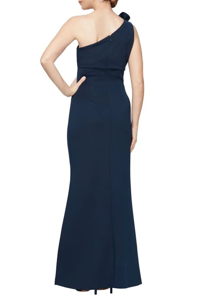 Sl Fashions Floral Detail One-shoulder Gown In Navy